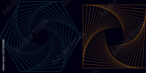 Set of abstract swirling figures. Vector colors 3d tunnel. Twisted wireframe lines. Curved symbols of sacred geometry.