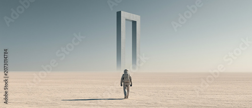 Lone Astronaut Crossing a Mirror Plain Toward a Floating Crescent