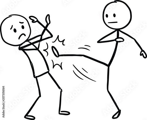 Stick figure character kicking another person in the stomach, aggressive behavior concept