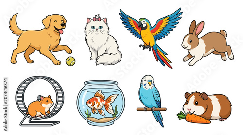 Collection of cute domestic pets including dog cat parrot rabbit hamster goldfish budgie and guinea pig.