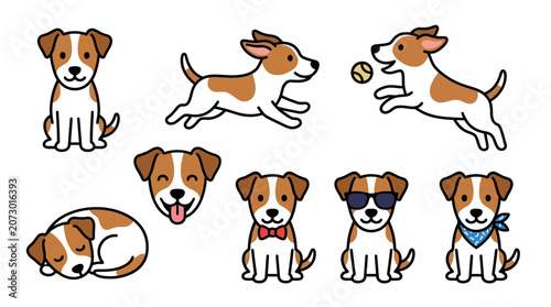 Set of cute Jack Russell Terrier dog character illustrations in various poses.