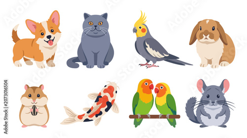Collection of cute popular domestic pets including dogs cats birds and small mammals.