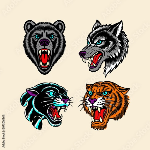 Obraz na plátně Traditional predator animal heads tattoo vector set