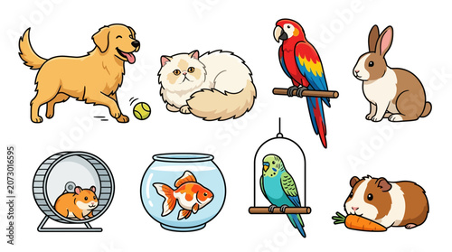 Collection of cute cartoon domestic pets including dog cat parrot rabbit hamster goldfish and guinea pig.