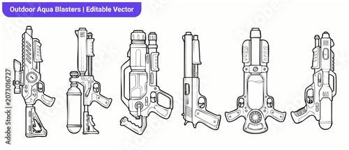 Cuadro en lienzo Water gun vector line art set of toy aqua blasters and squirt pistols for summer outdoor activity and active game playing, creative coloring book design featuring modern playful sci-fi shooter styles
