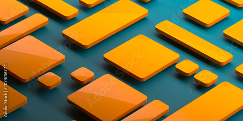Isometric orange rounded rectangles pattern on teal background for interface banner and product presentation layouts .3d render