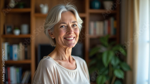 Creative design style Portrait iteration of a smiling mature woman standing in her apartment ar