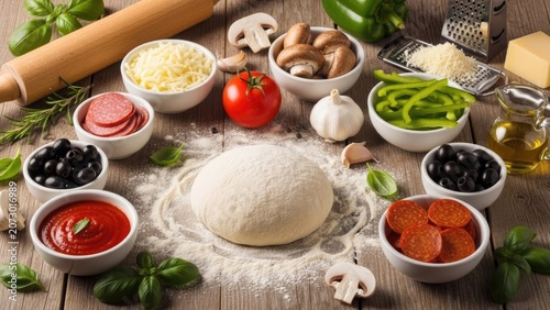 Raw pizza dough with fresh ingredients on wooden table.