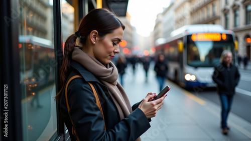 In the city ar iteration beautiful modern house creative Woman using her smartphone while waiting