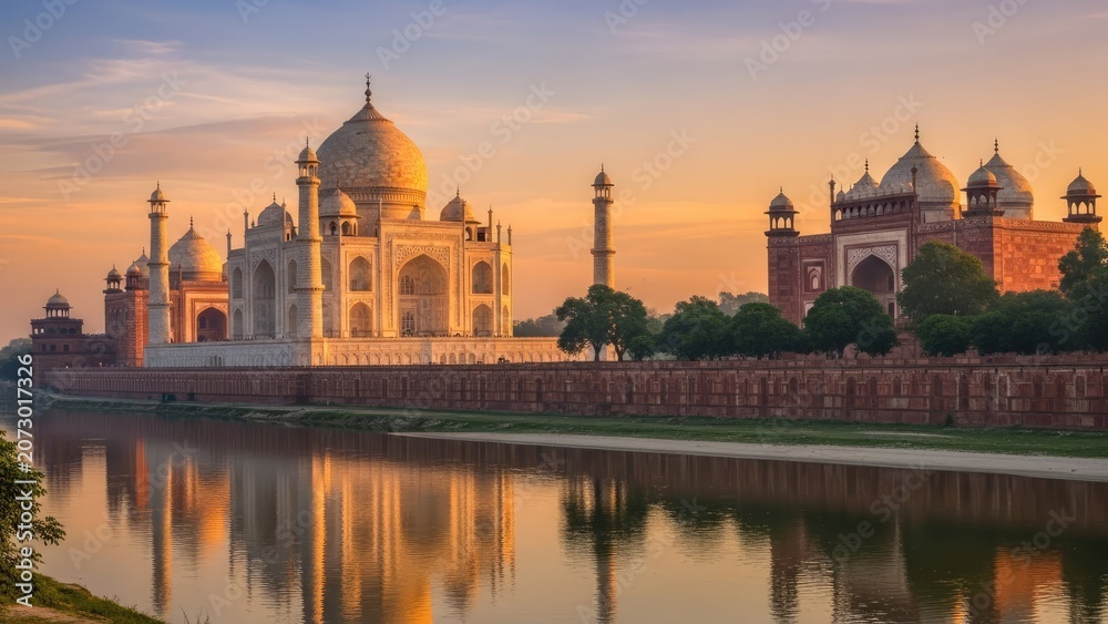 Fototapeta premium Taj Mahal mausoleum at sunset reflected in Yamuna river