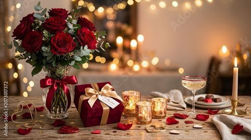 Elegant Valentine's Day Background with Red Roses, Romantic Candlelight and Luxury Gift Box