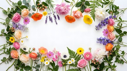 Vibrant floral wreath with diverse flowers and foliage on white background