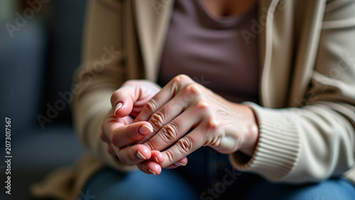 Senior woman with arthritis iteration rubbing hands ar beautiful modern house creative design style concept