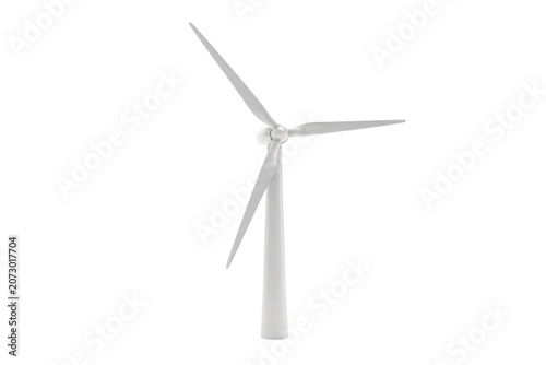 A white wind turbine with three blades isolated on a white background, illustrating sustainable energy production and clean electricity generation