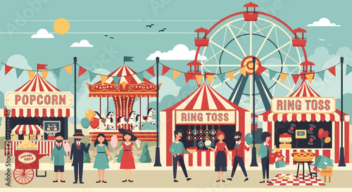 Foto A vibrant illustration of a lively fair with people, rides, and games