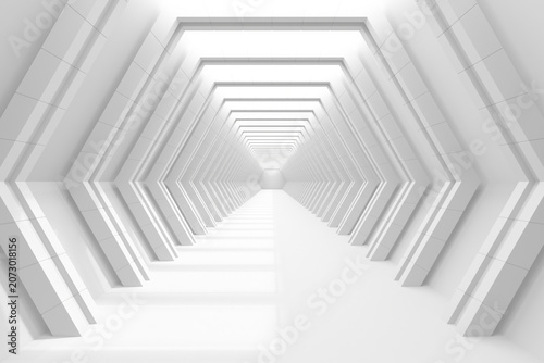 White geometric architectural corridor tunnel background for futuristic banner and interior design minimalism .3d render