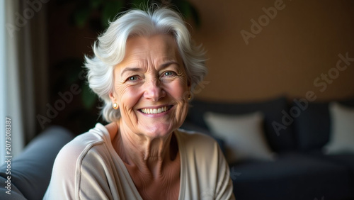 Landscape Portrait of smiling iteration senior woman at home ar beautiful modern house creative design