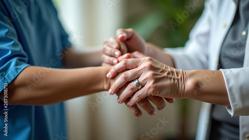 Woman holding hands with iteration her caregiver in a nursing home closeup ar beautiful modern