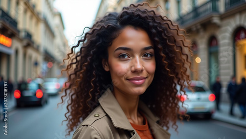 Of young woman with iteration curly hair in the city ar beautiful modern house creative