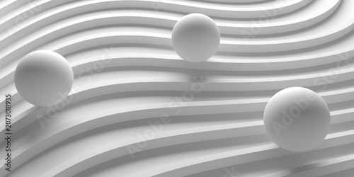Wavy layered abstract background with floating spheres and soft shadows for minimal wallpaper and modern design layout .3d render