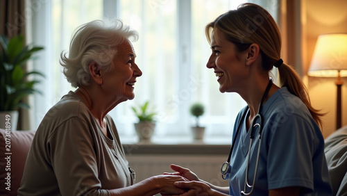 Design style Health visitor iteration talking to a senior woman during home visit ar beautiful