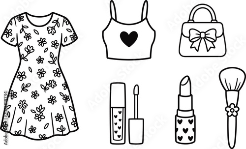 Fashion dress and makeup cosmetics element line art set.