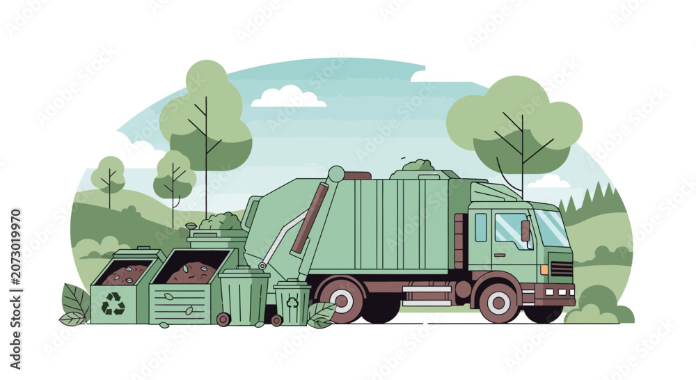 Obraz premium Garbage Truck Collecting Recyclables and Waste in Scenic Area