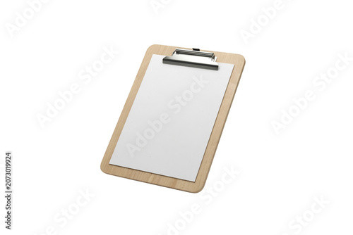 A wooden clipboard with a blank white paper sheet and a silver metal clip isolated on a black background, office stationery for document