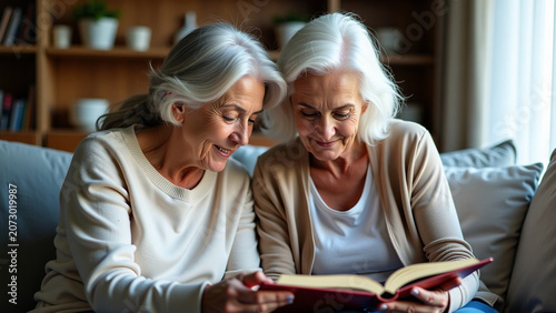 Senior woman and her iteration adult daughter looking at photo album together ar beautiful modern