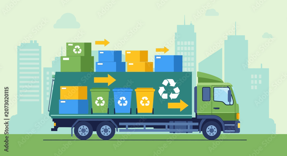 Fototapeta premium Recycling Truck Collecting Waste Bins in Urban Environment Illustration