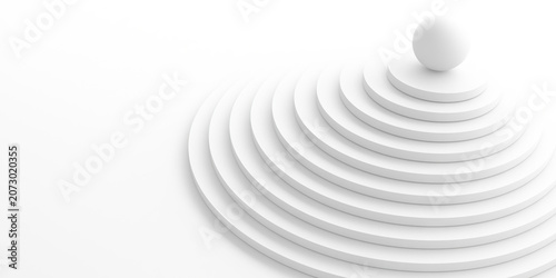 Concentric stepped pedestal with single sphere on top for minimalist background and product display composition .3d render