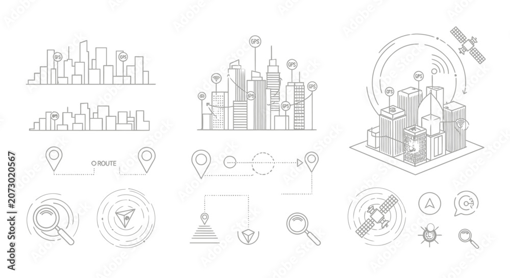 Naklejka premium Modern cityscape icons and futuristic technology elements set