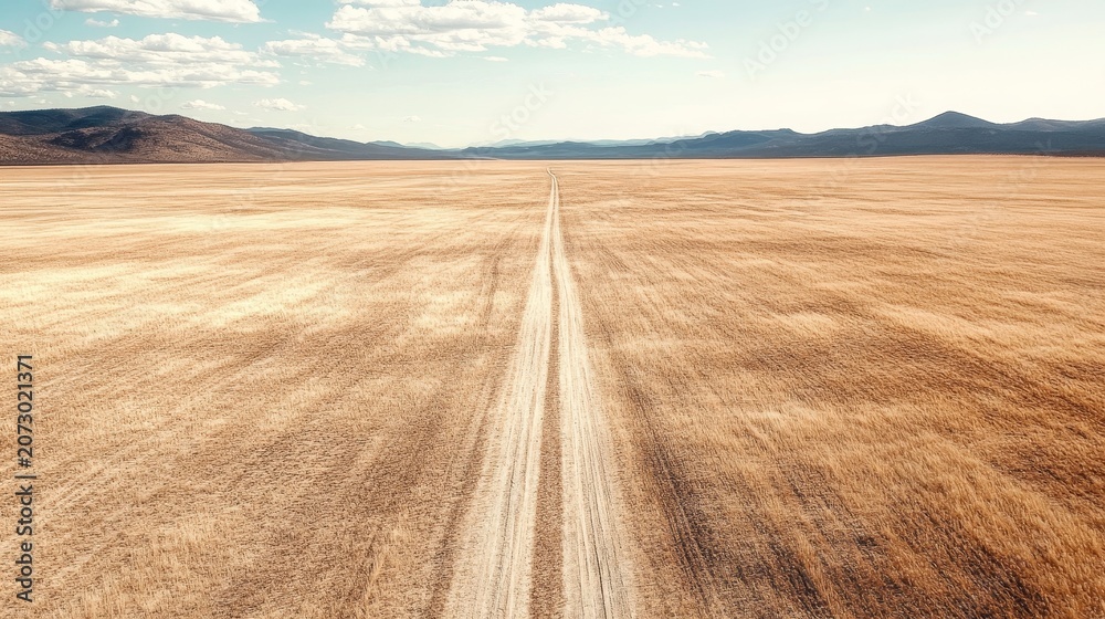 Obraz premium A long, straight dirt road stretches across a vast, barren desert plain under a clear blue sky