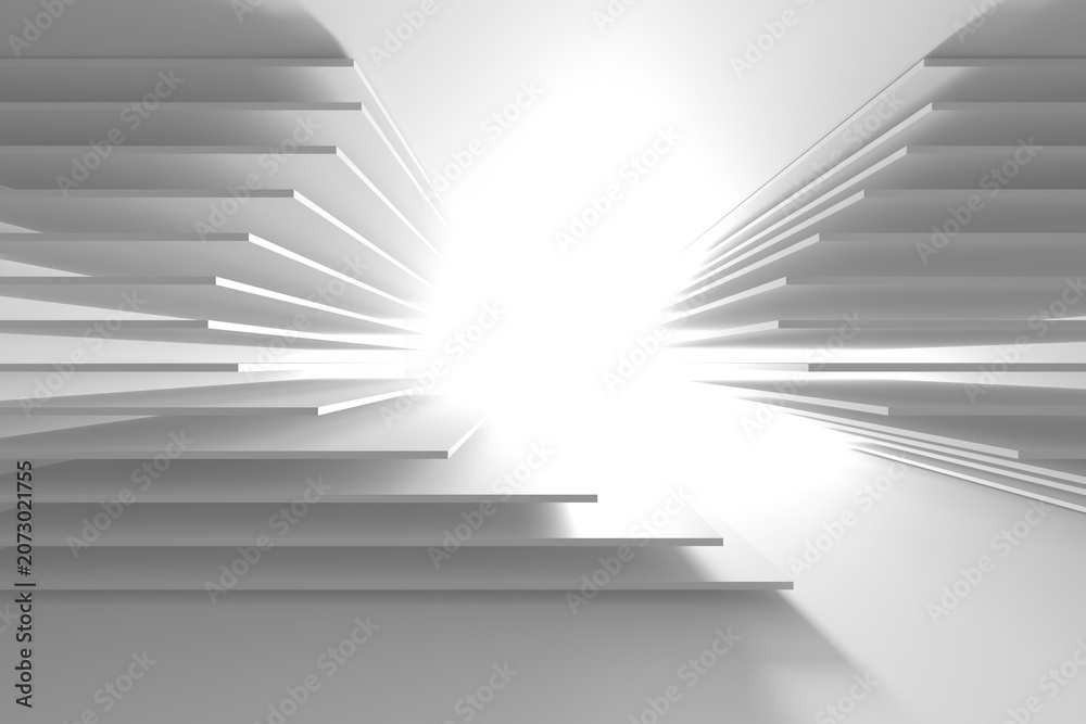 Obraz premium Minimal white layered stairway corridor with floating steps and bright central light for modern wallpaper and background design.3d render