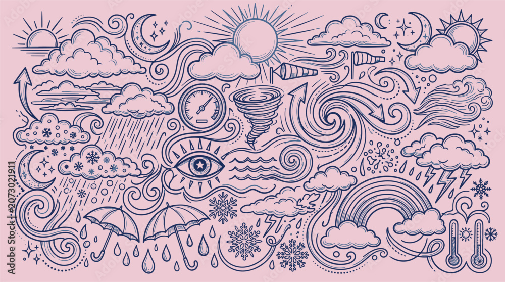 Naklejka premium Weather icons and seasonal climate symbols doodle pattern with hand drawn meteorology lightning temperature forecast environment background atmosphere meteorological elements
