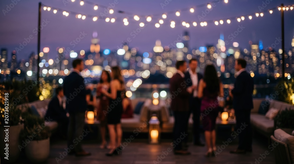 Fototapeta premium Blurred rooftop party night city skyline bokeh lights people social event gathering urban evening celebration luxury lifestyle background
