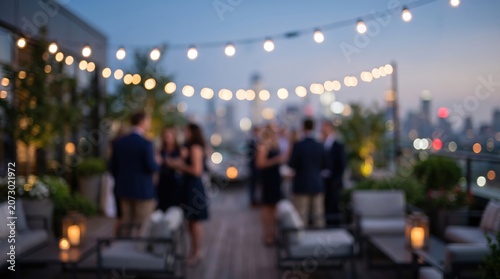 Blurred rooftop party bokeh city skyline background evening string lights crowd people social event luxury lounge terrace networking outdoor