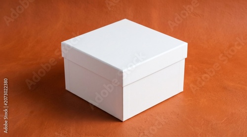 A white gift box sits on a brown surface in a neutral setting.