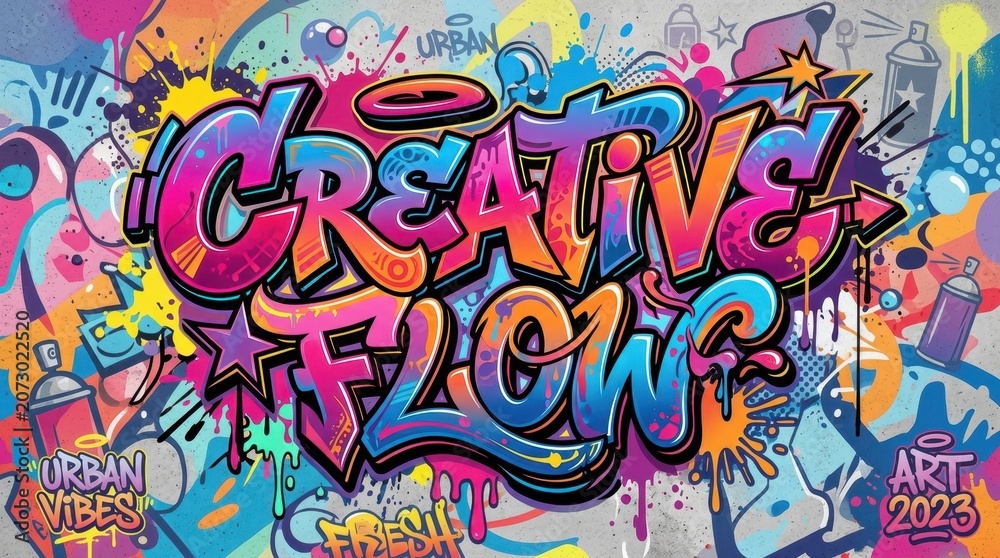 Fototapeta premium Colorful graffiti street art vector illustration on urban wall with celebration text, happy birthday and happy new year party design, spray paint texture pattern