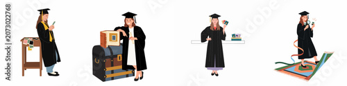 Tableau sur toile Illustrations of female graduates reminiscing with photos and albums, celebrating academic achievements and looking back at cherished school memories