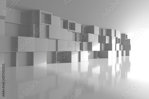 Abstract white cubic wall installation with reflective floor for architectural background and gallery visualization projects.3d render