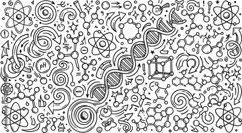 Photos Science and education doodle background with DNA and atoms chemistry education r