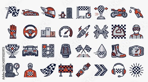 Canvastavla Modern Flat Racing Icons Set Vibrant Checkered Flag Cars Motorcycles Gear and Ra