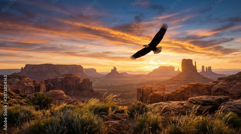 Naklejka premium Cinematic ultra-realistic sunrise over a monumental American canyon