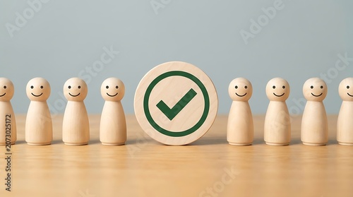 Row of smiling wooden figures with a large green check mark block concept for customer satisfaction survey rating team agreement and positive feedback