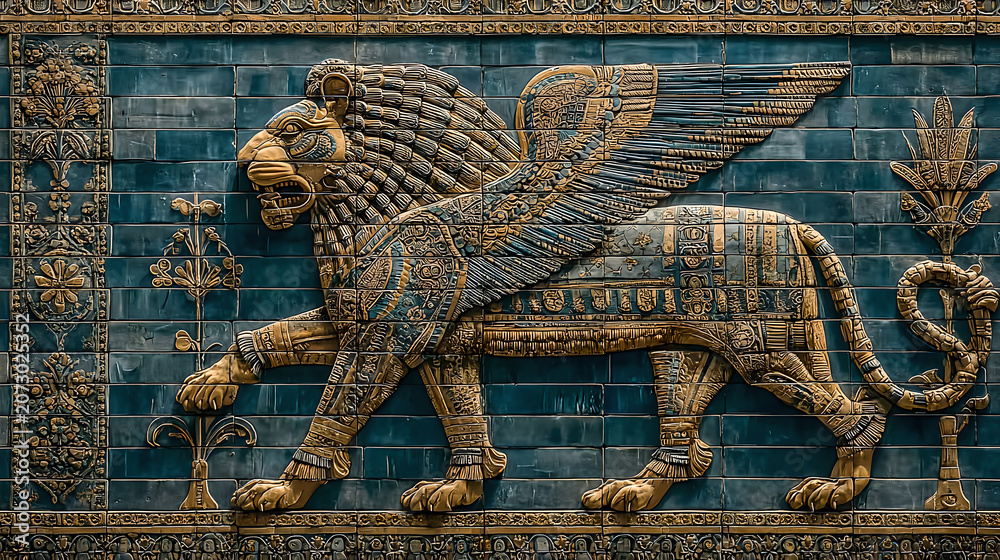 Fototapeta premium ishtar. Glazed brick relief of a lion against lapis lazuli blue background with gold accents, intricate patterns. event programs.