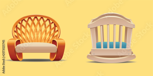 Fotografie Elegant wooden armchair with woven backrest and a sturdy baby crib featuring sof