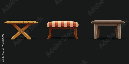 Tableau sur toile Three distinct wooden furniture pieces including a folding picnic table a stripe