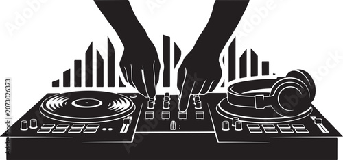 Obraz na plátně Dj hands mixing music on professional turntable controller with headphones