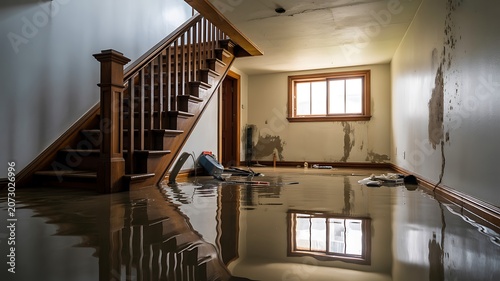 Flooded residential basement with standing water after severe water damage
